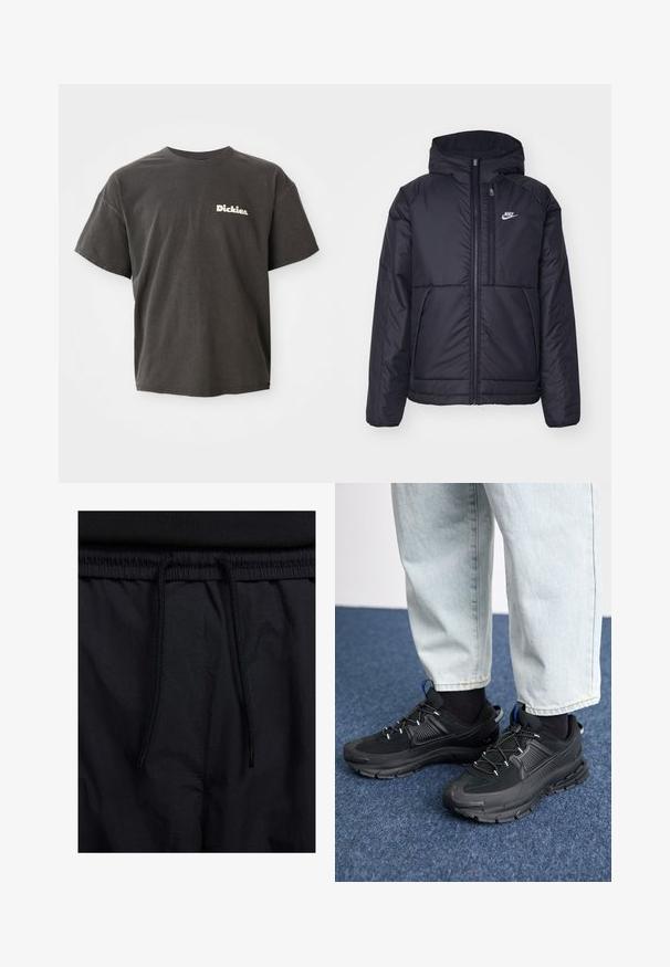 Juodas, paminkštintas Nike džemperis su priekyje užtrauktuku ir gobtuvu. Pasižymi balta logo kairėje krūtinės pusėje ir dviem priekinėmis kišenėmis. Su lygiu išoriniu paviršiumi.; Tamsiai pilka trumpomis rankovėmis marškinėliai su "Dickies." logotipu balta spalva ant kairės krūtinės, apvaliu kaklu ir laisvu siluetu.; Juodos šortai su raišteliu juosmens srityje, lengva medžiaga su lygiu paviršiumi ir paprastas dizainas be matomų logotipų ar raštų.; Juodi sportiniai bateliai su tekstūruota medžiaga ir guminiais padais, su elastingomis raišteliais ir mėlynu akcentu ant kulno. Dėvimi su šviesiai mėlynomis džinsinėmis kelnėmis.