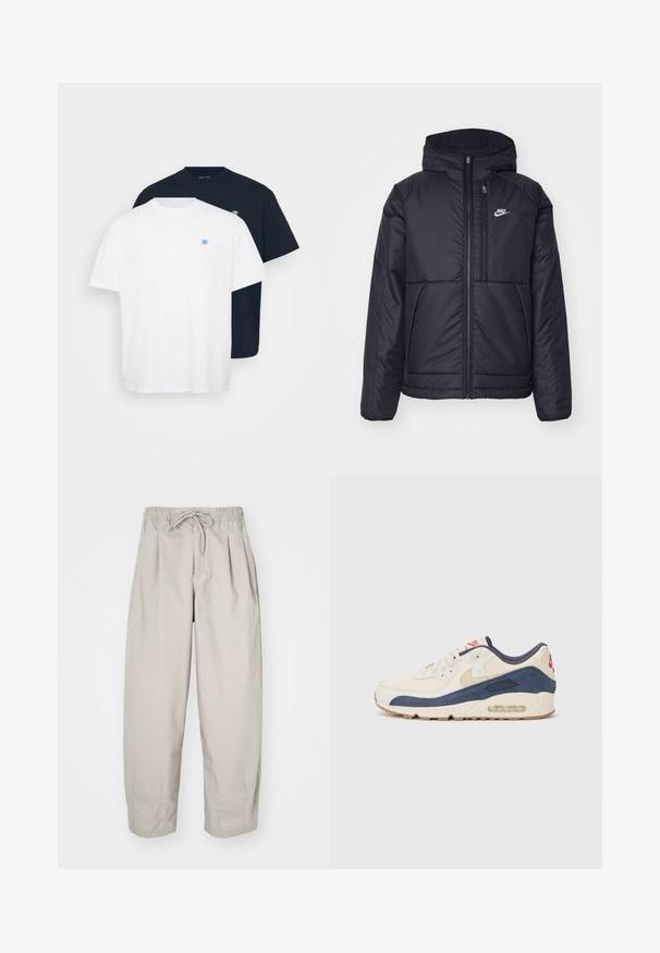 Jachetă Nike neagră, căptușită, cu fermoar pe față și glugă. Prezintă un logo alb pe pieptul stâng și două buzunare frontale. Textură exterioară netedă.; Două tricouri: unul alb cu un mic logo albastru și unul bleumarin cu un logo asortat. Ambele sunt din bumbac, având guler rotund și mâneci scurte.; Pantaloni bej, ușori, cu talie elastică și șnur. Prezintă pliseuri și o croială lejeră, realizată dintr-un material moale și neted.; Adidași cu un superior din piele crem și suede bleumarin, având o talpă intermediară cu aer vizibil, talpă exterioară din cauciuc bej și un accent roșu pe toc.