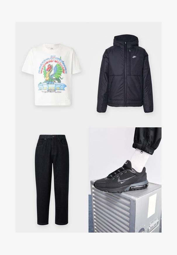 Chaqueta acolchada negra de Nike con cremallera frontal y capucha. Presenta un logo blanco en el lado izquierdo del pecho y dos bolsillos frontales. Textura exterior suave.; Camiseta blanca de algodón con un colorido estampado gráfico de un dragón y un estadio, con el texto "The Rolling Stones" en letras en negrita y estilizadas.; Pantalones de mezclilla azul oscuro de corte relajado, con cierre de botón y cremallera, dos bolsillos frontales y detalles de costura.; Nike Sportswear PULSE - Zapatillas - black/anthracite
