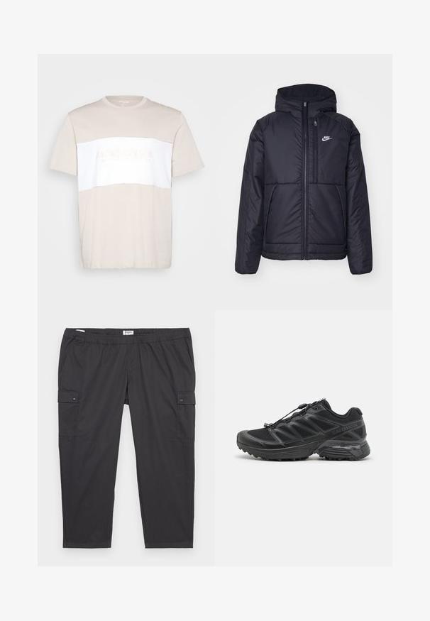 Chaqueta acolchada negra de Nike con cremallera frontal y capucha. Presenta un logo blanco en el lado izquierdo del pecho y dos bolsillos frontales. Textura exterior suave.; Camiseta de algodón beige con panel horizontal blanco. Presenta un cuello redondo y un sutil logotipo en relieve en el pecho. Manga corta.; Pantalones cargo negros con una cintura elástica, bolsillos laterales y detalles de botones a presión. Fabricados con una tela ligera y suave.; Zapatilla de correr negra con parte superior de malla y sintético, suela flexible y cordones elásticos. Presenta una entresuela acolchada para mayor comodidad.