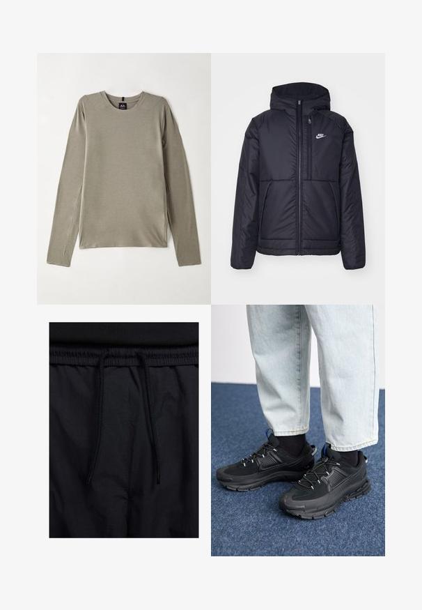 Veste Nike noire rembourrée avec une fermeture éclair sur le devant et une capuche. Elle présente un logo blanc sur la poitrine gauche et deux poches avant. Texture extérieure lisse.; T-shirt à manches longues, col rond en tissu gris clair. Présente des coutures plates et des fentes latérales pour un confort de mouvement, avec une texture lisse et douce.; Shorts noirs avec un élastique à cordon de serrage, en tissu léger avec une texture lisse, et un design simple sans logos ni motifs visibles.; Des chaussures de sport noires avec un tissu texturé et des semelles en caoutchouc, dotées de lacets élastiques et d'un accent bleu au talon. Portées avec un pantalon en denim clair.