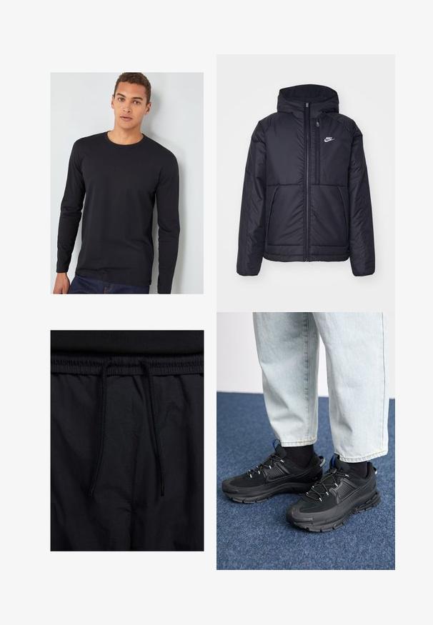 Crna Nike jakna s podstavom, dugmadi sprijeda i kapuljačom. Ima bijeli logotip na lijevoj strani prsnog koša i dva prednja džepa. Glatka vanjska tekstura.; Crna majica dugih rukava od pamuka s okruglim izrezom, prilagođenim rukavima i glatkom teksturom, nosi se s plavim trapericama.; Crne kratke hlače s pojasom na vezanje, lagani materijal s glatkom teksturom i jednostavan dizajn bez vidljivih logotipa ili uzoraka.; Crne atletske cipele s teksturiranom tkaninom i gumene potplate, s elastičnim vezicama i plavim akcentom na peti. Nosene su s svijetlim trapericama.