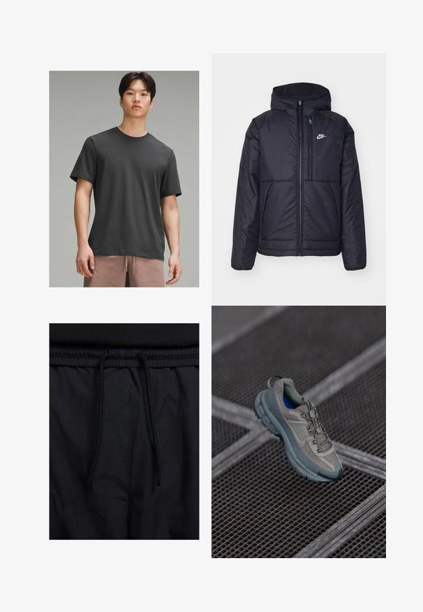 Black, padded Nike jacket with a front zipper and hood. Features a white logo on the left chest and dual front pockets. Smooth exterior texture.; Dark gray short-sleeve t-shirt with a crew neckline, made from soft fabric. Features a relaxed fit and smooth texture.; Black shorts featuring a drawstring waistband, lightweight fabric with a smooth texture, and a simple design without visible logos or patterns.; Beige and gray athletic shoe with textured mesh upper, rounded toe, and rubber sole, featuring laces and a padded collar.