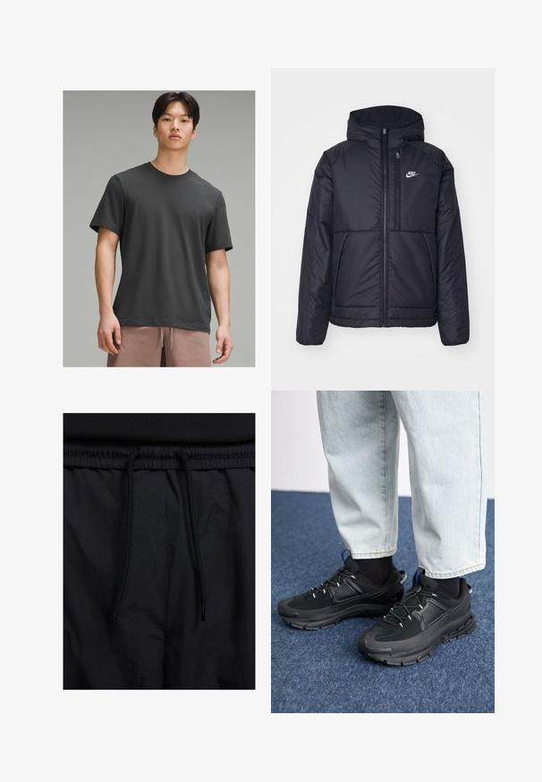 Chaqueta acolchada negra de Nike con cremallera frontal y capucha. Presenta un logo blanco en el lado izquierdo del pecho y dos bolsillos frontales. Textura exterior suave.; Camiseta de manga corta gris oscuro con cuello redondo, fabricada en un tejido suave. Presenta un ajuste holgado y una textura suave.; Pantalones cortos negros con cinturilla ajustable, tejido ligero con una textura suave y un diseño sencillo sin logotipos visibles ni patrones.; Zapatillas deportivas negras con tejido texturizado y suelas de goma, con cordones elásticos y un acento azul en el talón. Combinadas con pantalones de mezclilla claros.