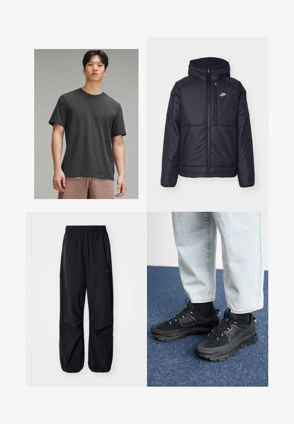 Crna Nike jakna s podstavom, dugmadi sprijeda i kapuljačom. Ima bijeli logotip na lijevoj strani prsnog koša i dva prednja džepa. Glatka vanjska tekstura.; Tamno siva kratka majica s kratkim rukavima i okruglim izrezom, izrađena od mekog materijala. Ima opušten kroj i glatku teksturu.; Crne lagane cargo hlače s elastičnom trakom u struku, bočnim patentnim zatvaračima i prostranim džepovima. Odlikuje ih širok kroj i suženi manžeti.; Crne atletske cipele s teksturiranom tkaninom i gumene potplate, s elastičnim vezicama i plavim akcentom na peti. Nosene su s svijetlim trapericama.
