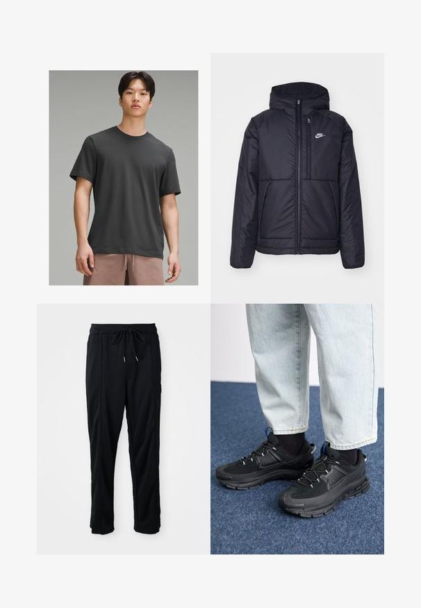 Giacca Nike nera, imbottita, con zip frontale e cappuccio. Presenta un logo bianco sul lato sinistro del petto e doppie tasche frontali. Texture esterna liscia.; Maglietta a maniche corte grigio scuro con scollatura a girocollo, realizzata in tessuto morbido. Caratterizzata da una vestibilità rilassata e una texture liscia.; Pantaloni casual neri con elastico in vita, tasche laterali e taglio dritto su uno sfondo uniforme.; Scarpe sportive nere con tessuto testurizzato e suole in gomma, dotate di lacci elastici e un accento blu sul tallone. Indossate con pantaloni in denim chiaro.