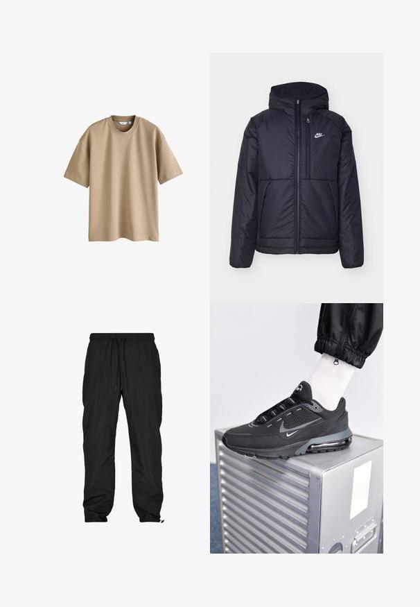 Giacca Nike nera, imbottita, con zip frontale e cappuccio. Presenta un logo bianco sul lato sinistro del petto e doppie tasche frontali. Texture esterna liscia.; Maglietta a maniche corte color marrone chiaro, realizzata in tessuto morbido, con scollo rotondo e vestibilità comoda, senza pattern o dettagli visibili.; Pantaloni neri, leggeri e resistenti all'acqua, con vita elasticizzata, cordoncino regolabile, tasche laterali e polsini affusolati.; Nike Sportswear PULSE - Sneakers basse - black/anthracite