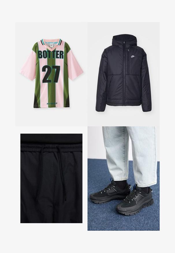 Black, padded Nike jacket with a front zipper and hood. Features a white logo on the left chest and dual front pockets. Smooth exterior texture.; Green and pink striped jersey with a V-neck, featuring the number 27 in black, “BOTTER” printed above, and “ANTWERP” at the bottom.; Black shorts featuring a drawstring waistband, lightweight fabric with a smooth texture, and a simple design without visible logos or patterns.; Black athletic shoes with textured fabric and rubber soles, featuring elastic laces and a blue accent on the heel. Worn with light denim pants.
