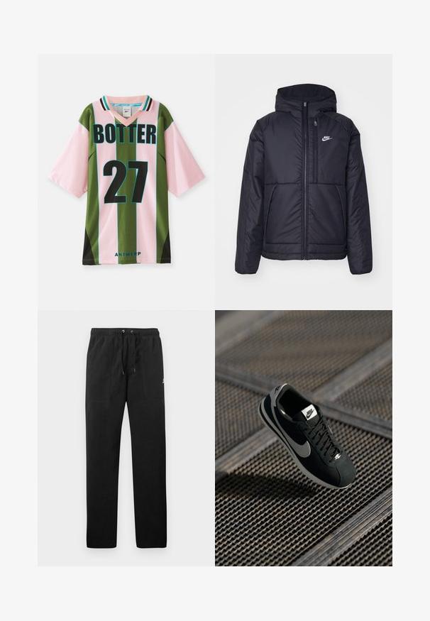 Juodas, paminkštintas Nike džemperis su priekyje užtrauktuku ir gobtuvu. Pasižymi balta logo kairėje krūtinės pusėje ir dviem priekinėmis kišenėmis. Su lygiu išoriniu paviršiumi.; Žalias ir rožinis dryžuotas džersis su V formos iškirpte, su juodu numeriu 27, „BOTTER“ užrašyta viršuje ir „ANTWERP“ apačioje.; Juodos vilnonės kelnės su elastiniu juosmeniu ir raišteliais, dviem priekinėmis kišenėmis ir maža slogo ant šlaunies.; Juodos Nike sportbačiai su pilkais akcentais, iš zomšos ir tinklinės medžiagos, tekstūruotu padu, siauru siluetu ir klasikiniu raištelių užsegimu.