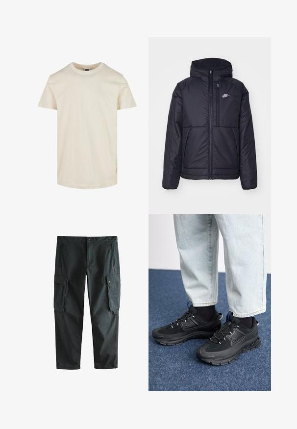 Sort, polstret Nike-jakke med frontlynlås og hætte. Har et hvidt logo på venstre bryst og to frontlommer. Glat ydre tekstur.; Kortærmet t-shirt med rund hals i en lys beige farve. Fremstillet af blød bomuld, har en glat tekstur og en lige kant.; Sort cargo-bukser lavet af letvægtsstof, der har flere lommer, lynlåslukninger og en afslappet pasform med en glat tekstur.; Sorte træningssko med tekstureret stof og gummisåler, udstyret med elastiske snørebånd og en blå detalje på hælen. Bæres med lyse denimbukser.