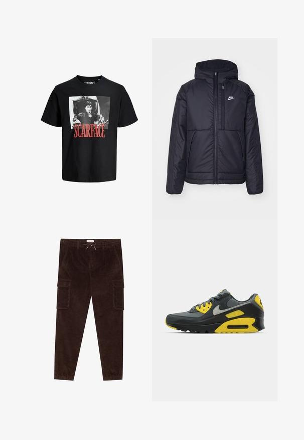 Černá zateplená bunda Nike s předním zipem a kapucí. Na levé straně hrudi má bílé logo a dvojité přední kapsy. Hladký povrch.; Černé bavlněné tričko s výraznou bílou grafikou muže v křesle. Pod obrázkem je v tučném červeném písmu vytištěno slovo "SCARFACE".; Hnědé kordové cargo kalhoty s elastickým pasem, stahovací šňůrkou, dvěma bočními kapsami a dvěma velkými cargo kapsami na stehnech.; Šedé a žluté tenisky Nike Air Max 90 vystavené na bílém pozadí, které ukazují jejich design a barevné kontrasty.
