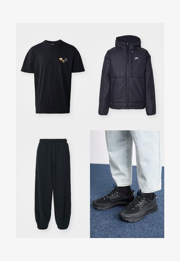 Black, padded Nike jacket with a front zipper and hood. Features a white logo on the left chest and dual front pockets. Smooth exterior texture.; Black cotton t-shirt with a crew neck, short sleeves, and three small decorative metal embellishments in heart and circular shapes.; Black, elasticated-waist sweatpants with a loose fit, cuffed ankles, smooth texture, and no visible patterns or hardware accents.; Black athletic shoes with textured fabric and rubber soles, featuring elastic laces and a blue accent on the heel. Worn with light denim pants.