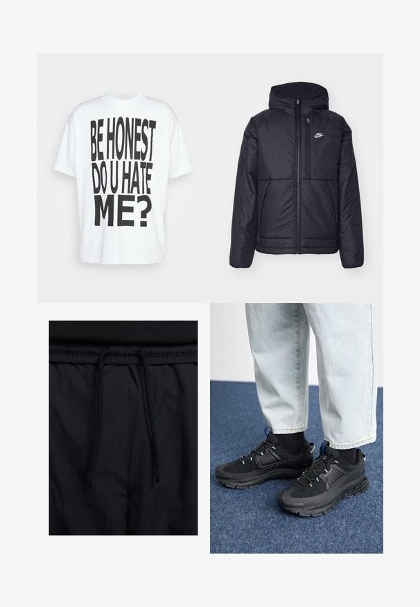 Crna Nike jakna s podstavom, dugmadi sprijeda i kapuljačom. Ima bijeli logotip na lijevoj strani prsnog koša i dva prednja džepa. Glatka vanjska tekstura.; Jaded London LA HONESTY TEE - Majica kratkih rukava s printom - white; Crne kratke hlače s pojasom na vezanje, lagani materijal s glatkom teksturom i jednostavan dizajn bez vidljivih logotipa ili uzoraka.; Crne atletske cipele s teksturiranom tkaninom i gumene potplate, s elastičnim vezicama i plavim akcentom na peti. Nosene su s svijetlim trapericama.