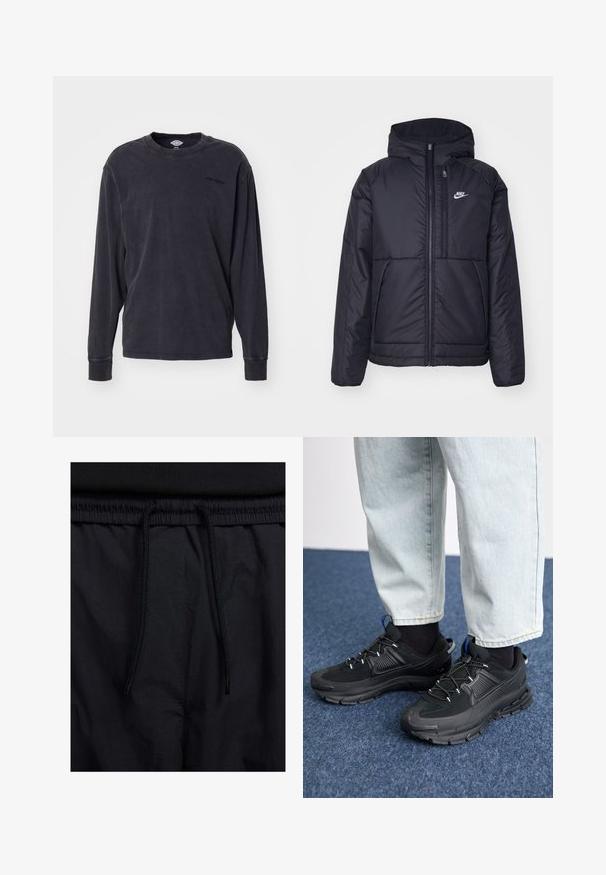 Fekete, párnázott Nike dzseki elülső cipzárral és kapucnival. A bal mellen fehér logó található, valamint két elülső zseb. Simának tűnő külső felület.; Hosszú ujjú, sötét szénszürke póló, puha pamutból készült. Kerek nyakkivágással és hímzett logóval a mellrészen. Klasszikus szabású.; Fekete rövidnadrág, húzózsinórral ellátott derékrésszel, könnyű anyagból, sima felszínen, egyszerű dizájnnal, látható logók vagy minták nélkül.; Fekete sportcipők texturált anyaggal és gumitalppal, elasztikus fűzőkkel és kék kiegészítővel a saroknál. Világos farmernadrággal viselve.
