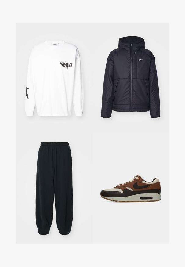 Fekete, párnázott Nike dzseki elülső cipzárral és kapucnival. A bal mellen fehér logó található, valamint két elülső zseb. Simának tűnő külső felület.; Fehér, hosszú ujjú pamut póló kerek nyakkal. Bal oldalon fekete logóval és jobb ujján grafikával rendelkezik.; Fekete, rugalmas derékpántos melegítőnadrág, laza fit, véget érő szárakkal, sima textúrával, látható minták vagy hardver díszek nélkül.; Barna, krém és fekete Nike Air Max sportcipő, látható légpárnás talppal és fűzős dizájnnal, oldalnézetből bemutatva, fehér háttér előtt.