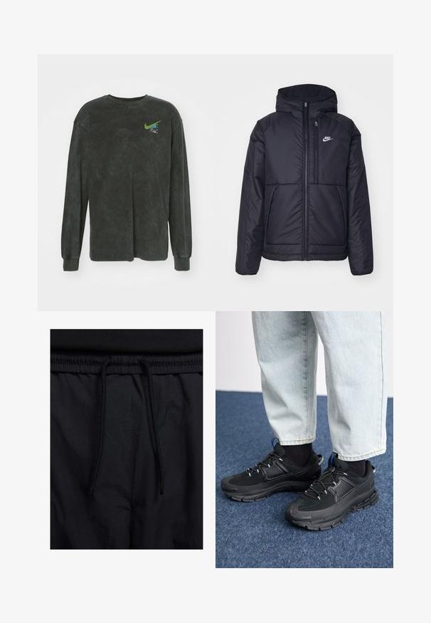 Crna Nike jakna s podstavom, dugmadi sprijeda i kapuljačom. Ima bijeli logotip na lijevoj strani prsnog koša i dva prednja džepa. Glatka vanjska tekstura.; Crna majica dugih rukava od mekog materijala s lagano teksturiranom završnom obradom. Ima zeleni Nike logo i malu grafiku na prsima.; Crne kratke hlače s pojasom na vezanje, lagani materijal s glatkom teksturom i jednostavan dizajn bez vidljivih logotipa ili uzoraka.; Crne atletske cipele s teksturiranom tkaninom i gumene potplate, s elastičnim vezicama i plavim akcentom na peti. Nosene su s svijetlim trapericama.