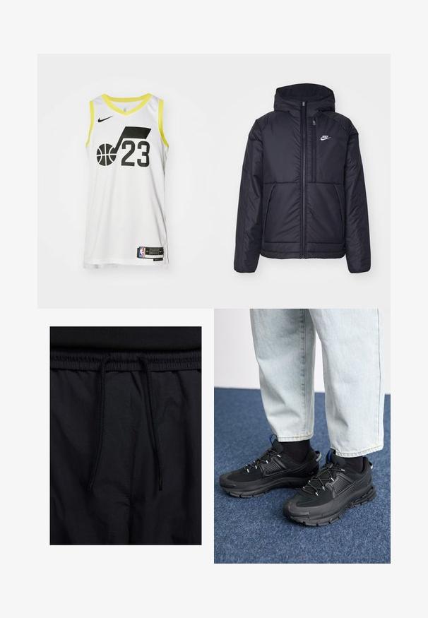 Musta, pehmustettu Nike-takki, jossa on etuvetoketju ja huppu. Vasemmassa rinnassa on valkoinen logo ja takissa on kaksinkertaiset etutaskut. Pintakoe on sileä.; Valkoinen koripallopaita, jossa on keltaisia yksityiskohtia, etupuolella musta graafinen muotoilu, mukaan lukien nuotti ja "23". Nike-logo näkyvissä.; Mustat shortsit, joissa on naru vyötäröllä, kevyestä kankaasta valmistettu, sileä tekstuuri ja yksinkertainen muotoilu ilman näkyviä logoja tai kuvioita.; Mustat urheilukengät, joissa on teksturoitu kangas ja kumipohjat, elastiset nauhat ja sininen yksityiskohta kannassa. Yhdistetty vaaleisiin farkkuihin.