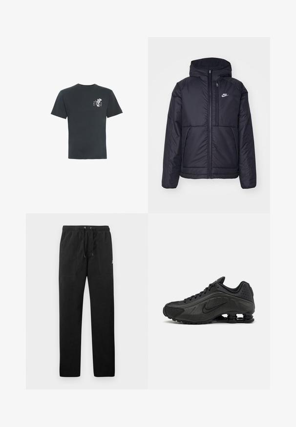 Black, padded Nike jacket with a front zipper and hood. Features a white logo on the left chest and dual front pockets. Smooth exterior texture.; Black short-sleeve T-shirt with a small white graphic of a flying eagle and five stars on the left chest.; Black sweatpants made of fleece, featuring an elastic waistband with drawstrings, two front pockets, and a small logo on the thigh.; Black running shoes featuring a smooth synthetic upper, perforated accents, textured side panels, and a distinct springy sole.