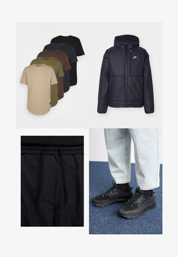 Melna, pufota Nike jaka ar priekšējo rāvējslēdzēju un kapuci. Iezīmēta ar baltu logotipu uz kreisās krūtis un divām priekšējām kabatām. Gluda ārējā tekstūra.; Piecas t-kreklu formas, sakārtotas gradientā: bežs, olīvu zaļš, brūns, tumši zils un melns. Izgatavoti no mīksta kokvilnas ar īsām piedurknēm un apaļu kakla izgriezumu.; Melni šorti ar sašūtu jostu, viegls audums ar gludu tekstūru un vienkāršs dizains bez redzamiem logotipiem vai paraugiem.; Melni sporta apavi ar strukturētu audumu un gumijas zoli, ar elastīgām auklām un zilu akcentu uz papēža. Nēsāti ar gaišām džinsu biksēm.