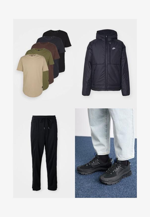 Black, padded Nike jacket with a front zipper and hood. Features a white logo on the left chest and dual front pockets. Smooth exterior texture.; Five t-shirts arranged in gradient colors: beige, olive, brown, dark blue, and black. Made of soft cotton with short sleeves and round neck.; Black drawstring waist casual pants with side seam pockets and straight leg cut on a plain background.; Black athletic shoes with textured fabric and rubber soles, featuring elastic laces and a blue accent on the heel. Worn with light denim pants.