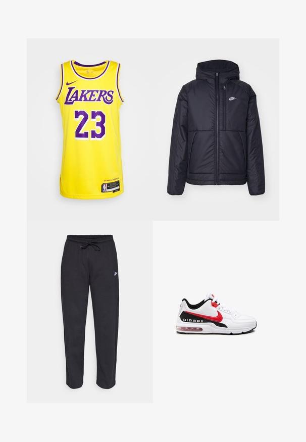 Chaqueta acolchada negra de Nike con cremallera frontal y capucha. Presenta un logo blanco en el lado izquierdo del pecho y dos bolsillos frontales. Textura exterior suave.; Camiseta amarilla de Nike con acentos morados, que presenta el texto "LAKERS" y el número "23" en una fuente negrita. Ventilaciones laterales y etiqueta en el dobladillo.; Pantalones de chándal negros hechos de una tela suave, con cintura elástica, cordón y un pequeño logo de Nike en el muslo izquierdo.; Zapatilla deportiva blanca con detalles en negro y rojo, que presenta un upper de cuero suave, parte frontal con cordones y una amortiguación de aire visible en la suela.