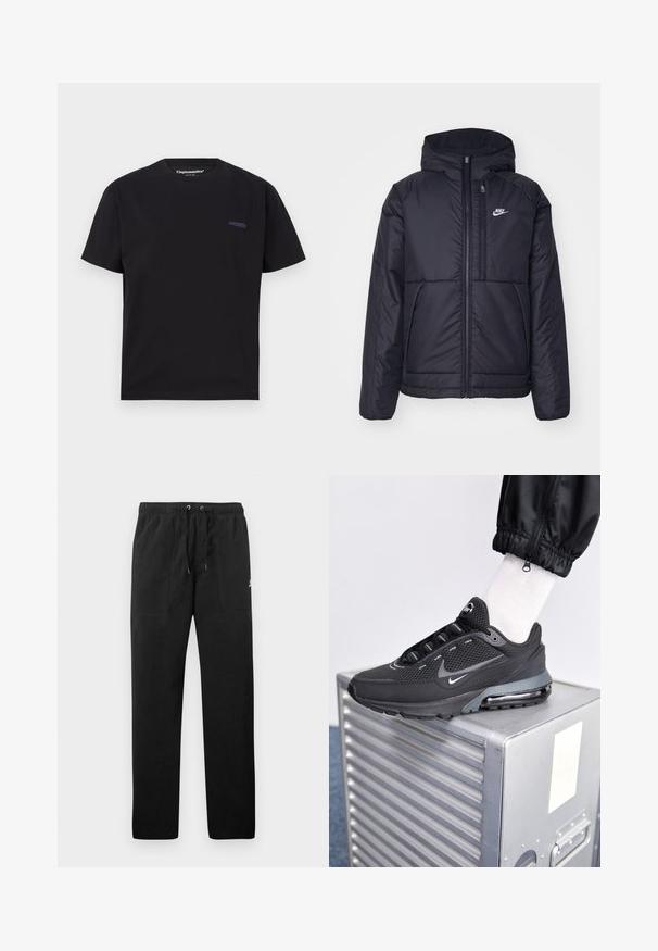 Černá zateplená bunda Nike s předním zipem a kapucí. Na levé straně hrudi má bílé logo a dvojité přední kapsy. Hladký povrch.; Černé bavlněné tričko s krátkým rukávem, kulatým výstřihem a malým, tmavě modrým vyšívaným logem na hrudi. Hladká, netexturovaná látka.; Černé teplákové kalhoty vyrobené z fleecu, s elastickým pasem a šňůrkami, dvěma předními kapsami a malým logem na stehně.; Nike Sportswear PULSE - Tenisky - black/anthracite