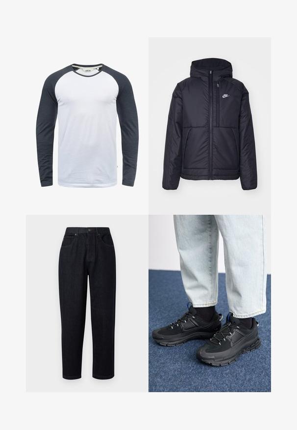 Black, padded Nike jacket with a front zipper and hood. Features a white logo on the left chest and dual front pockets. Smooth exterior texture.; Long-sleeve t-shirt with a white body and dark gray raglan sleeves. Made of smooth fabric with a rounded neckline and subtle stitching details.; Dark blue denim trousers with a relaxed fit, featuring a button and zipper closure, two front pockets, and stitching accents.; Black athletic shoes with textured fabric and rubber soles, featuring elastic laces and a blue accent on the heel. Worn with light denim pants.