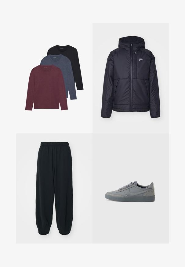 Casaco Nike preto, acolchoado, com fecho à frente e capuz. Apresenta um logo branco no lado esquerdo do peito e dois bolsos frontais. Textura exterior lisa.; Três camisetas de manga longa nas cores bordeaux, azul escuro e preta. Material de algodão, gola redonda, cores sólidas, com uma textura sutil.; Calças de fato de treino pretas, com cintura elástica e um corte solto, com punhos nas pernas, textura suave e sem padrões visíveis ou detalhes de metal.; Sapatilhas cinzas em suede com um cabedal de couro liso, apresentando uma sola de borracha texturizada e um design clássico de atacadores. Logótipo swoosh característico de um lado.