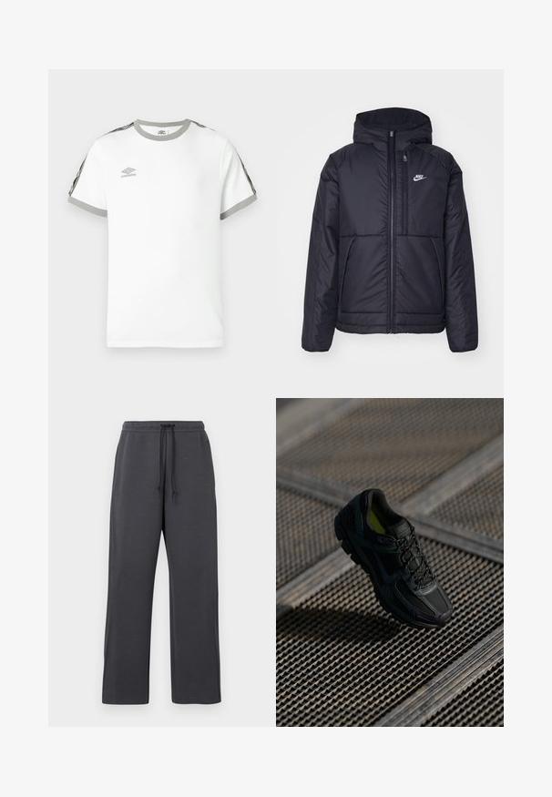 Fekete, párnázott Nike dzseki elülső cipzárral és kapucnival. A bal mellen fehér logó található, valamint két elülső zseb. Simának tűnő külső felület.; Fehér rövidujjú póló szürke gallérral és mandzsettával, fekete és szürke csíkokkal az ujjakon, valamint Umbro logóval a mellkasán.; Szürke melegítőnadrág, húzózsinóros derékrésszel, puha anyagból. Széles szárú kivitel oldalsó varratokkal, minimális díszítéssel és látható minta nélkül.; Fekete sportcipő hálós és szintetikus felsőrésszel, texturált felülettel, párnázott talppal és fűzőkkel. Élénk sárga belső díszítéssel.