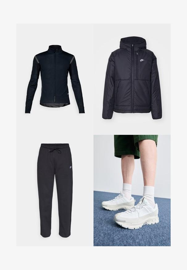 Fekete, párnázott Nike dzseki elülső cipzárral és kapucnival. A bal mellen fehér logó található, valamint két elülső zseb. Simának tűnő külső felület.; Fekete kerékpáros dzseki, magas gallérral, hosszú ujjakkal és cipzárral az elülső részen. Rugalmas anyagból készült, szürke díszítő betétekkel.; Fekete, puha anyagból készült melegítőnadrág, rugalmas derékkal, húzózsinórral és egy kis Nike logóval a bal combján.; Fehér sportcipők texturált burkolattal, vastag talppal és szürke részletekkel. Fehér sportzoknival és zöld rövidnadrággal viselve, kék felületen.