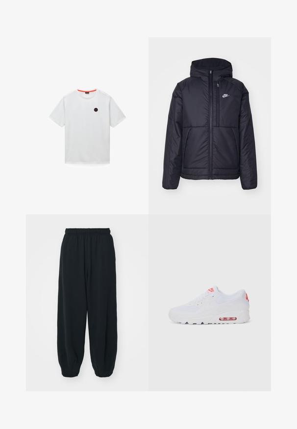 Jachetă Nike neagră, căptușită, cu fermoar pe față și glugă. Prezintă un logo alb pe pieptul stâng și două buzunare frontale. Textură exterioară netedă.; Tricou alb din bumbac, cu mâneci scurte, guler rotund și un logo circular negru cu accente roșii pe piept.; Pantaloni de trening negri, cu talie elastică, cu o croială lejeră, la baza pantaloni fiind strânși, având o textură netedă și fără modele sau accente metalice vizibile.; Adidașii albaștri de sport au o parte superioară netedă, sistem de închidere cu șireturi, talpă cu amortizare și o unitate de aer vizibilă cu accente roșii pe branding.