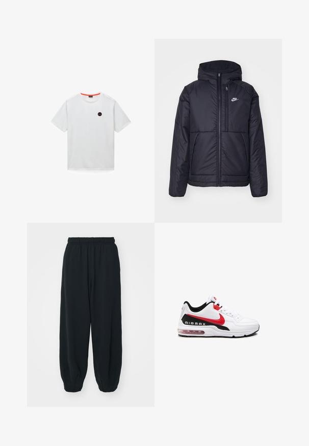 Zwarte, gewatteerde Nike-jas met een voorkant met ritssluiting en capuchon. Kenmerkt zich door een wit logo op de linkerborst en dubbele frontzakken. Gladde buitenkant.; Wit katoenen T-shirt met korte mouwen, een ronde hals en een zwart cirkelvormig logo met rode accenten op de borst.; Zwarte, elastiche sweatpants met een losse pasvorm, manchetten aan de enkels, een zachte textuur en zonder zichtbare patronen of hardwareaccenten.; Witte sportieve schoen met zwarte en rode accenten, voorzien van een bovenwerk van glad leer, vetersluiting aan de voorkant en zichtbare luchtkussens in de zool.