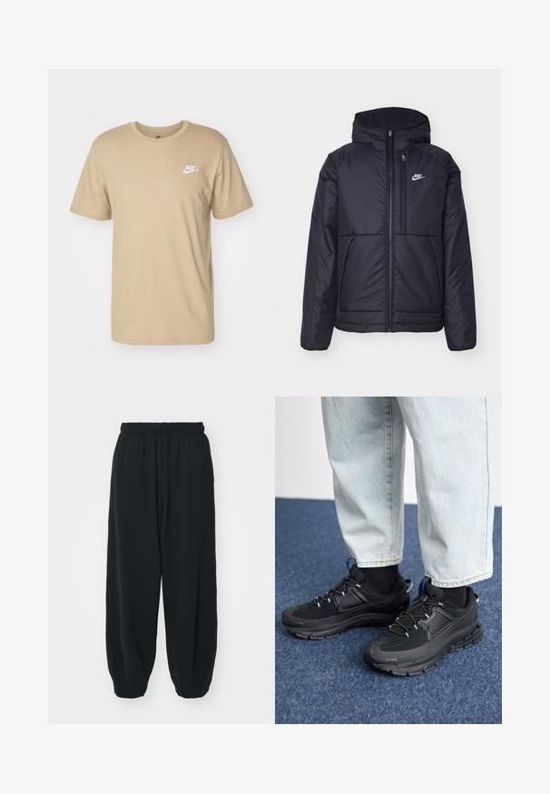 Casaco Nike preto, acolchoado, com fecho à frente e capuz. Apresenta um logo branco no lado esquerdo do peito e dois bolsos frontais. Textura exterior lisa.; Nike Sportswear CLUB TEE - T-shirt básica - khaki; Calças de fato de treino pretas, com cintura elástica e um corte solto, com punhos nas pernas, textura suave e sem padrões visíveis ou detalhes de metal.; Sapatilhas desportivas pretas com tecido texturizado e solas em borracha, apresentando atacadores elásticos e um detalhe azul no calcanhar. Usadas com calças de ganga claras.