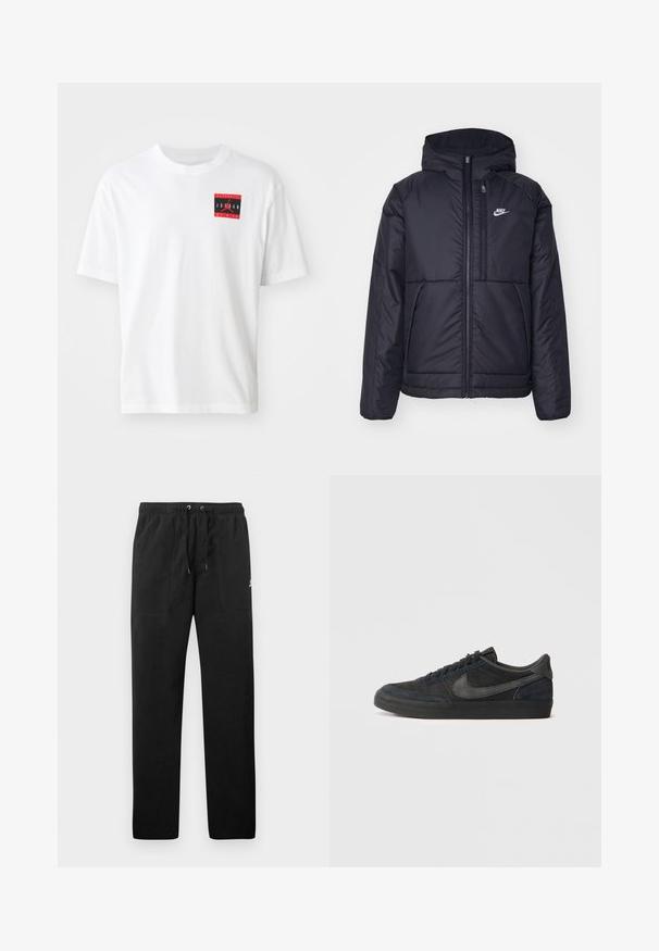 Musta, pehmustettu Nike-takki, jossa on etuvetoketju ja huppu. Vasemmassa rinnassa on valkoinen logo ja takissa on kaksinkertaiset etutaskut. Pintakoe on sileä.; Valkoinen puuvillatee-paita, jossa on punainen ja musta suorakulmainen graafinen kuva, jossa lukee "AUTHENTIC JORDAN BY NIKE" vasemmalla etupuolella. Lyhyet hihat.; Mustat collegehousut, jotka on valmistettu fleece-materiaalista ja joissa on joustava vyötärö, jossa on kiristysnyörit, kaksi etutaskua ja pieni logo reidessä.; Musta suede lenkkarit matalalla profiililla, kumipohjalla, teksturoiduilla sivupaneeleilla ja sävyyn sointuvalla Nike Swoosh -logolla. Nauhat edessä, pehmustettu kaulus.