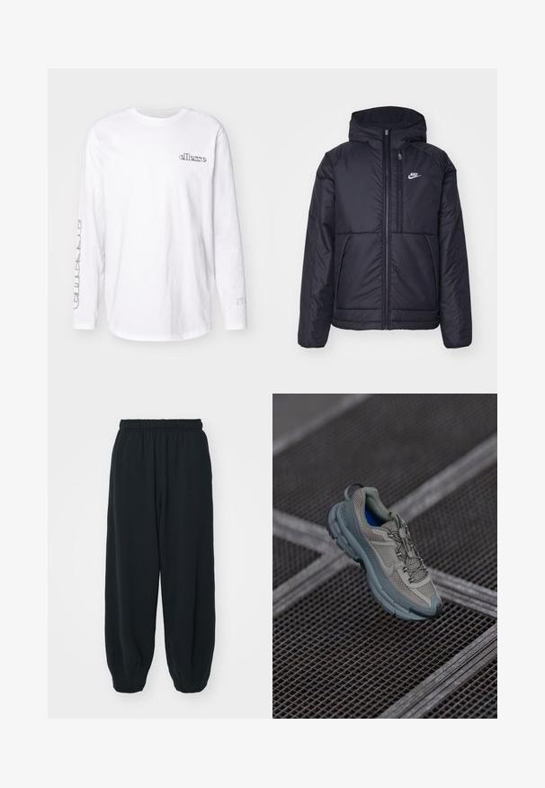 Crna Nike jakna s podstavom, dugmadi sprijeda i kapuljačom. Ima bijeli logotip na lijevoj strani prsnog koša i dva prednja džepa. Glatka vanjska tekstura.; Ellesse QUINZANO - Top dugih rukava - white; Crne, dukserice s elastičnim strukom, širokog kroja, s manžetama na gležnjevima, glatke teksture i bez vidljivih uzoraka ili metalnih detalja.; Bež i sivi sportski tenisice s teksturiranim mrežastim gornjim dijelom, zaobljenim vrhom i gumenom potplatom, s vezicama i podstavljenim ovratnikom.