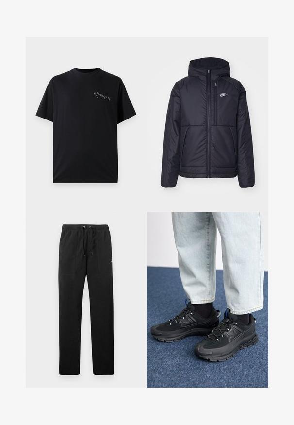 Černá zateplená bunda Nike s předním zipem a kapucí. Na levé straně hrudi má bílé logo a dvojité přední kapsy. Hladký povrch.; Černé bavlněné tričko s kulatým výstřihem a krátkým rukávem. Na levé části hrudi se nachází malé bílé logo Carhartt.; Černé teplákové kalhoty vyrobené z fleecu, s elastickým pasem a šňůrkami, dvěma předními kapsami a malým logem na stehně.; Černé sportovní boty s texturovanou tkaninou a gumovou podrážkou, s elastickými tkaničkami a modrým akcentem na patě. Nosí se s světlými džíny.