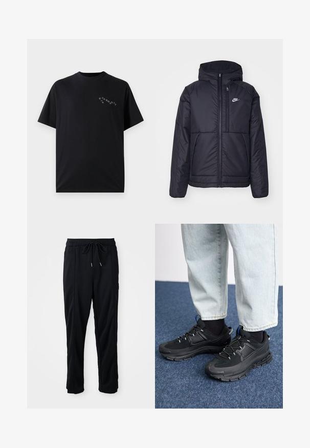 Black, padded Nike jacket with a front zipper and hood. Features a white logo on the left chest and dual front pockets. Smooth exterior texture.; Black cotton t-shirt with a round neckline and short sleeves. Features a small, white Carhartt logo on the left chest area.; Black drawstring waist casual pants with side seam pockets and straight leg cut on a plain background.; Black athletic shoes with textured fabric and rubber soles, featuring elastic laces and a blue accent on the heel. Worn with light denim pants.