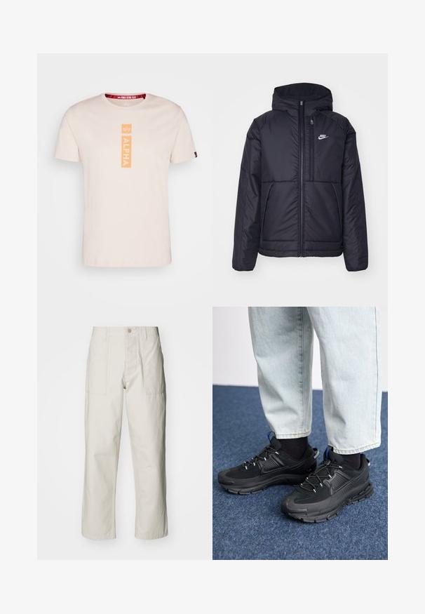 Melna, pufota Nike jaka ar priekšējo rāvējslēdzēju un kapuci. Iezīmēta ar baltu logotipu uz kreisās krūtis un divām priekšējām kabatām. Gluda ārējā tekstūra.; Gaiši rozā, īsām piedurknēm t-krekls, izgatavots no kokvilnas, ar vertikālu oranžu "ALPHA" logotipu centrā un sarkanu zīmola kakla etiķeti.; Gaiši bežs platā kāju bikses, izgatavotas no kokvilnas. Iekļautas priekšējās kabatas un pogu aizdare. Gluda tekstūra ar smalkām vertikālām līnijām.; Melni sporta apavi ar strukturētu audumu un gumijas zoli, ar elastīgām auklām un zilu akcentu uz papēža. Nēsāti ar gaišām džinsu biksēm.