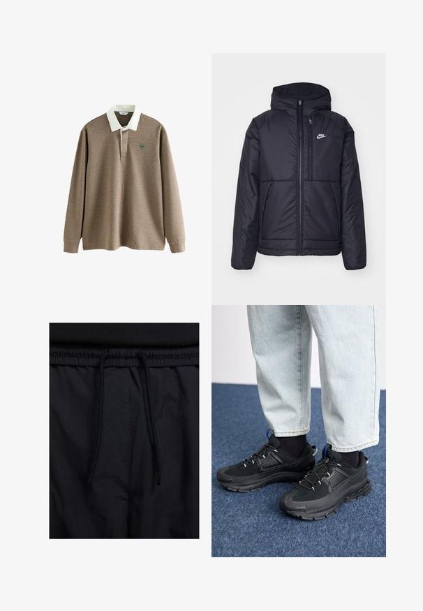 Jachetă Nike neagră, căptușită, cu fermoar pe față și glugă. Prezintă un logo alb pe pieptul stâng și două buzunare frontale. Textură exterioară netedă.; Tricou polo cu mânecă lungă, în carouri maro și crem, cu guler alb și un logo verde pe piept. Textură de material moale.; Șorturi negre cu un brâu reglabil, dintr-un material ușor cu o textură netedă și un design simplu, fără logo-uri sau modele vizibile.; Pantofi sport negri, cu țesătură texturată și tălpi din cauciuc, având șireturi elastice și un accent albastru pe toc. Purtați cu pantaloni din denim deschis.