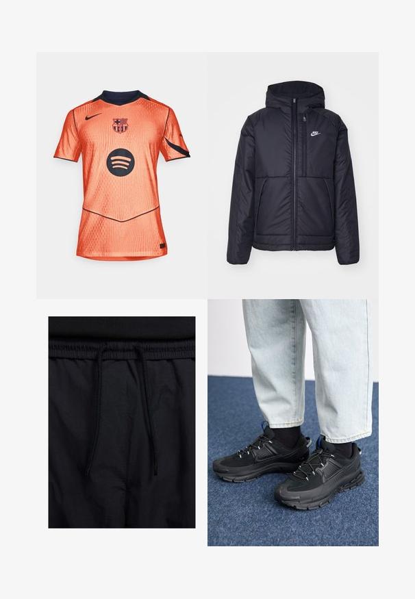 Black, padded Nike jacket with a front zipper and hood. Features a white logo on the left chest and dual front pockets. Smooth exterior texture.; Orange sports jersey with short sleeves, textured fabric, navy accents, featuring the Barcelona crest and a black Spotify logo on the front.; Black shorts featuring a drawstring waistband, lightweight fabric with a smooth texture, and a simple design without visible logos or patterns.; Black athletic shoes with textured fabric and rubber soles, featuring elastic laces and a blue accent on the heel. Worn with light denim pants.