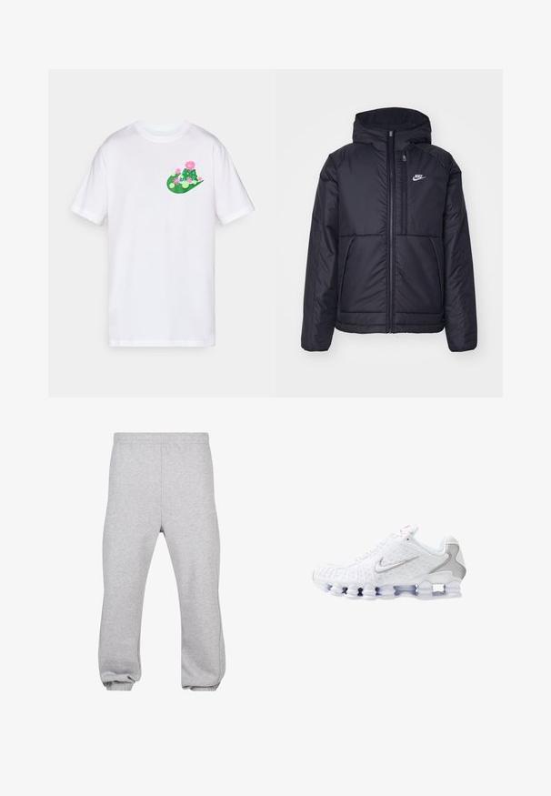 Čierna, polstrovaná bunda Nike so zipsom vpredu a kapucňou. Na ľavej strane hrude sa nachádza biele logo a sú tu dva predné vrecká. Hladký vonkajší povrch.; Biela bavlnená tričko s farebným grafickým dizajnom v zelených a ružových odtieňoch, zobrazením kaktusov a kvetov na ľavej strane hrude.; Sivé tepláky vyrobené z bavlnenej zmesi, s elastickým pásom, zúženými nohavicami a manžetami. Jednoduchý dizajn bez vzorov.; Biele športové topánky s textúrovaným vrškom, strieborným logom Swoosh, sieťovinovými panelmi a výraznou členitou bielou podrážkou.