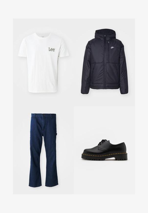 Jachetă Nike neagră, căptușită, cu fermoar pe față și glugă. Prezintă un logo alb pe pieptul stâng și două buzunare frontale. Textură exterioară netedă.; T-shirt alb din bumbac cu un mic logo verde "Lee" în zona stângă a pieptului. Guler clasic rotund și mâneci scurte, textură netedă.; Blugi din denim albastru cu un design drept, închidere cu nasture și două buzunare laterale, cu o ușoară decolorare a texturii.; Pantof black din piele, cu sireturi, cu vârf rotund, talpă din cauciuc texturat și cusături galbene în jurul bazei. Design plat și finisaj neted.