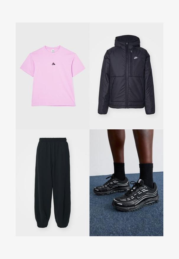 Black, padded Nike jacket with a front zipper and hood. Features a white logo on the left chest and dual front pockets. Smooth exterior texture.; Nike ACG TEE LUNGS - Basic T-shirt - beyond pink; Black, elasticated-waist sweatpants with a loose fit, cuffed ankles, smooth texture, and no visible patterns or hardware accents.; Black Nike shoes feature a mesh upper with accent stripes, textured lacing, and a black rubber sole. Worn with black ribbed socks.