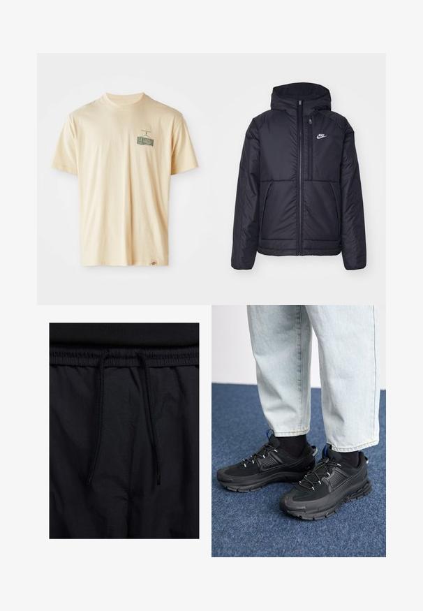 Melna, pufota Nike jaka ar priekšējo rāvējslēdzēju un kapuci. Iezīmēta ar baltu logotipu uz kreisās krūtis un divām priekšējām kabatām. Gluda ārējā tekstūra.; Krēma krāsas kokvilnas T-krekls ar apaļu kakla izgriezumu, īsām piedurknēm un grafisko apdruku kreisajā krūtīs, kas attēlo vintage televizoru.; Melni šorti ar sašūtu jostu, viegls audums ar gludu tekstūru un vienkāršs dizains bez redzamiem logotipiem vai paraugiem.; Melni sporta apavi ar strukturētu audumu un gumijas zoli, ar elastīgām auklām un zilu akcentu uz papēža. Nēsāti ar gaišām džinsu biksēm.