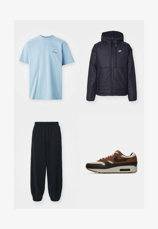 Schwarze, gepolsterte Nike-Jacke mit Frontreißverschluss und Kapuze. Hat ein weißes Logo auf der linken Brust und zwei Fronttaschen. Glattes äußeres Material.; Helles blaues, kurzärmliges T-Shirt aus Baumwolle mit Rundhalsausschnitt und einem kleinen mehrfarbigen Carhartt-Logo auf der linken Brust.; Schwarze Sweatpants mit elastischem Bund, lockerer Passform, gerippten Beinabschlüssen, glatter Textur und ohne sichtbare Muster oder Hardware-Akzente.; Braune, cremefarbene und schwarze Nike Air Max Sneaker mit sichtbarem Luftpolster und Schnürdesign, seitlich auf einem weißen Hintergrund dargestellt.