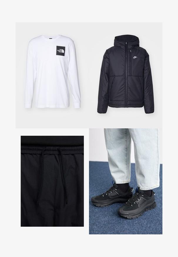 Black, padded Nike jacket with a front zipper and hood. Features a white logo on the left chest and dual front pockets. Smooth exterior texture.; White long-sleeve t-shirt with black square logo reading "The North Face" on the upper left chest.; Black shorts featuring a drawstring waistband, lightweight fabric with a smooth texture, and a simple design without visible logos or patterns.; Black athletic shoes with textured fabric and rubber soles, featuring elastic laces and a blue accent on the heel. Worn with light denim pants.