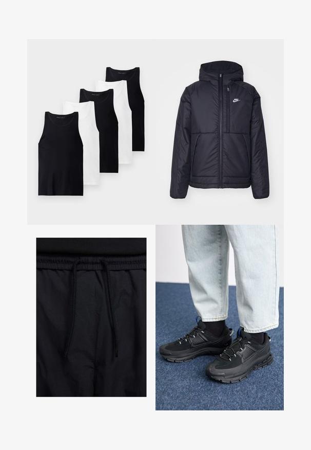 Črna, podložena Nike jakna z sprednjim zadrgo in kapuco. Ima bel logo na levem prsnem delu in dvojna sprednja žepa. Gladka zunanja tekstura.; Set petih brezrokavnih majic iz bombažne tkanine v črni in beli barvi. Imajo krojaško ovratnik, prilego obliko in enostavno teksturo.; Črne kratke hlače z vrvico v pasu, lahkotna tkanina z gladko teksturo in preprosto zasnovo brez vidnih logotipov ali vzorcev.; Črne športne čevlje z teksturirano tkanino in gumijastimi podplati, ki imajo elastične vezalke ter modre poudarke na peti. Nosi se z lahkimi denim hlačami.