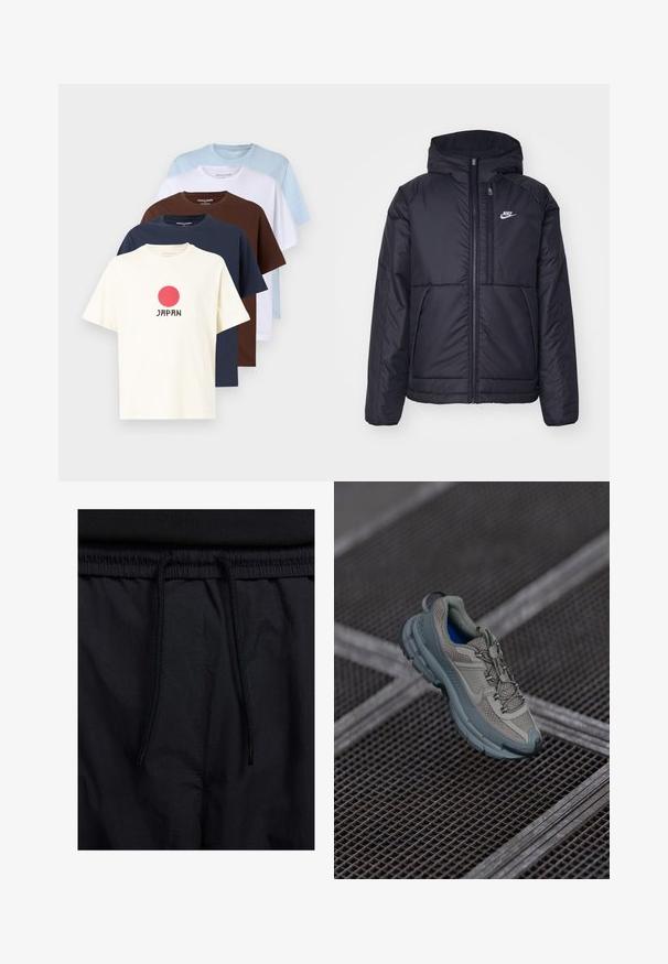 Melna, pufota Nike jaka ar priekšējo rāvējslēdzēju un kapuci. Iezīmēta ar baltu logotipu uz kreisās krūtis un divām priekšējām kabatām. Gluda ārējā tekstūra.; Pieci kokvilnas t-krekli dažādās krāsās: krēmkrāsas ar sarkanu apli un uzrakstu "JAPAN", gaiši zils, balts, brūns un tumši zils. Īsas piedurknes, apļa kakla dizains.; Melni šorti ar sašūtu jostu, viegls audums ar gludu tekstūru un vienkāršs dizains bez redzamiem logotipiem vai paraugiem.; Bežīgas un pelēkas sporta kurpes ar teksturētu sieta augšdaļu, noapaļotu purngalu un gumijas zoli, satur šņores un mīkstinātu apkakli.