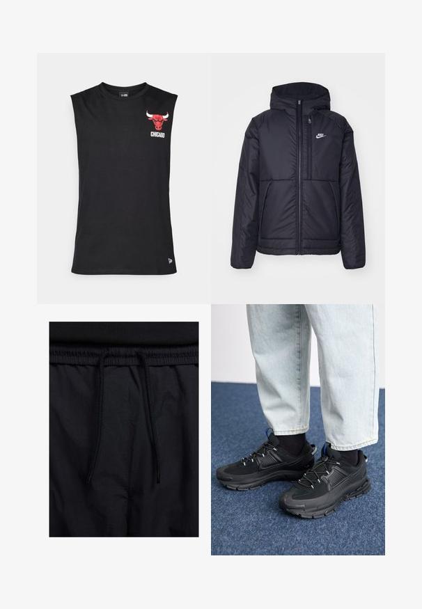 Čierna, polstrovaná bunda Nike so zipsom vpredu a kapucňou. Na ľavej strane hrude sa nachádza biele logo a sú tu dva predné vrecká. Hladký vonkajší povrch.; Čierne tielko bez rukávov vyrobené z bavlny. Na ľavej hrudi sa nachádza červené logo Chicago Bulls a text „CHICAGO“. Jednoduchá, hladká textúra.; Čierne šortky s pásom na stiahnutie, z ľahkej látky s hladkou textúrou a jednoduchým dizajnom bez viditeľných log alebo vzorov.; Čierne športové topánky s textúrovanou tkaninou a gumovou podrážkou, so elastickými šnúrkami a modrým akcentom na päte. Nosia sa s svetlými riflami.