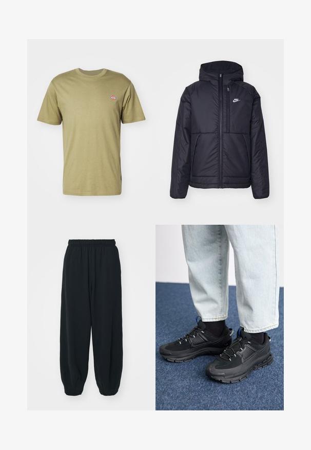 Black, padded Nike jacket with a front zipper and hood. Features a white logo on the left chest and dual front pockets. Smooth exterior texture.; Olive green cotton t-shirt with short sleeves, crew neck, and small colorful logo on the left chest. Simple, classic design.; Black, elasticated-waist sweatpants with a loose fit, cuffed ankles, smooth texture, and no visible patterns or hardware accents.; Black athletic shoes with textured fabric and rubber soles, featuring elastic laces and a blue accent on the heel. Worn with light denim pants.